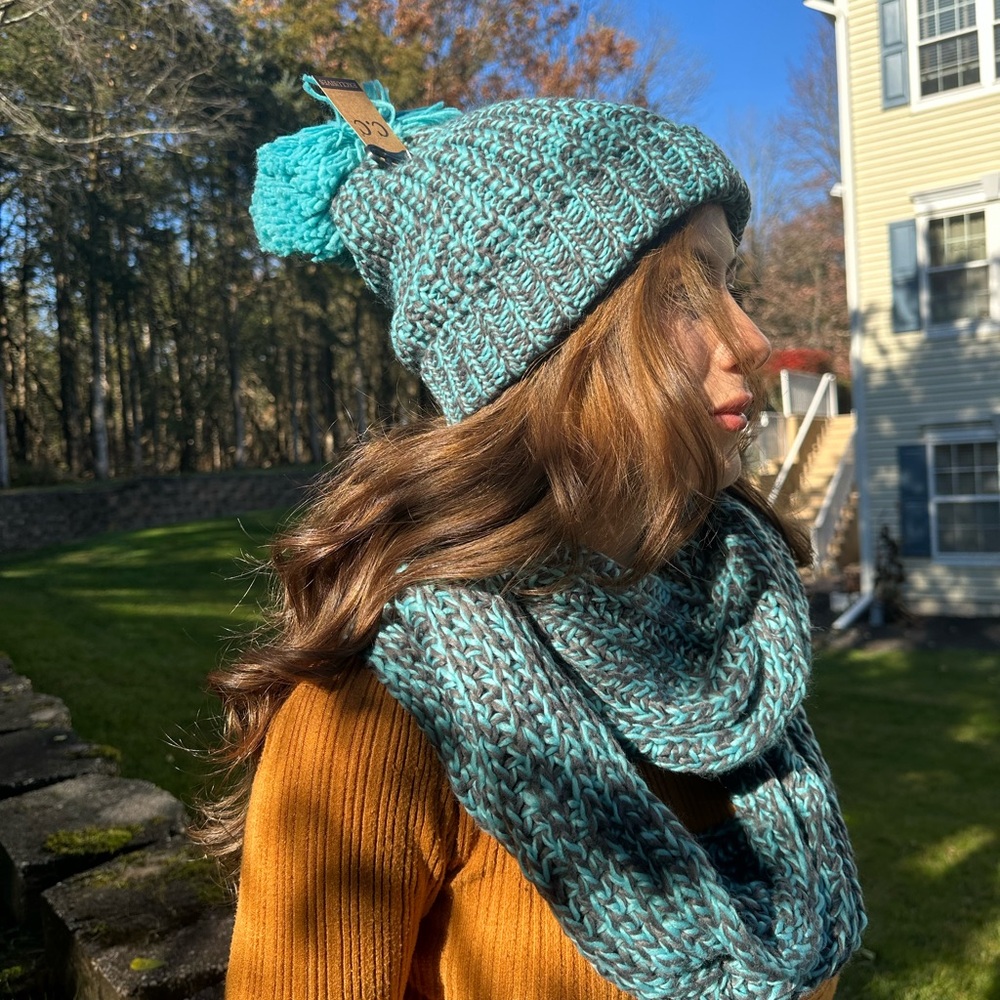 BNWT C.C Teal and Gray Knit Hat and Scarf Set
Great price